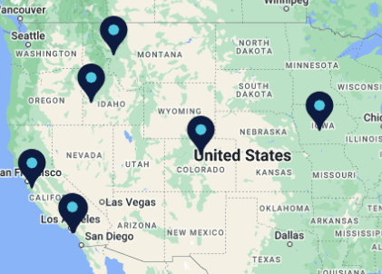 united states map with several blue markers